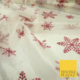 Ivory Maroon Large Flocked Snowflakes Organza Festive Christmas Fabric 58" 8234