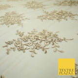 Beige Gold Floral Cluster Scalloped Edge Embroidered Net Lace Dress Fabric 8235