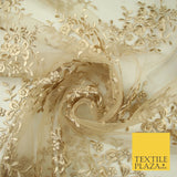 Beige Gold Floral Cluster Scalloped Edge Embroidered Net Lace Dress Fabric 8235