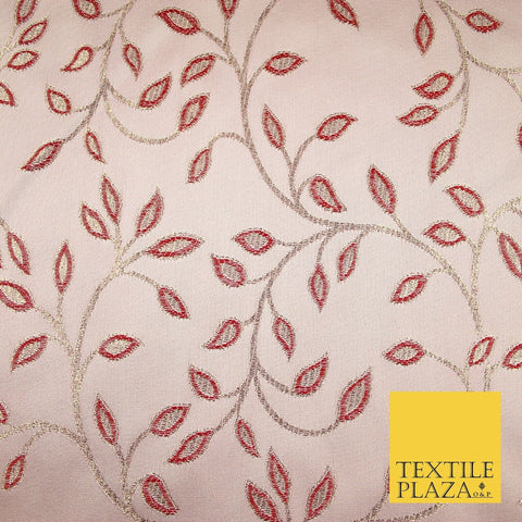 Light Pink Two Tone Hue Red Floral Leafy Vine Woven Jacquard Dress Fabric 8241