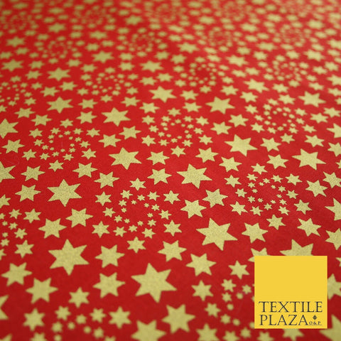 RED / GOLD Metallic Stars Festive Printed 100% Cotton Fabric Dress Craft 8239