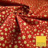 RED / GOLD Metallic Stars Festive Printed 100% Cotton Fabric Dress Craft 8239