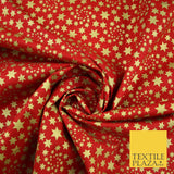 RED / GOLD Metallic Stars Festive Printed 100% Cotton Fabric Dress Craft 8239