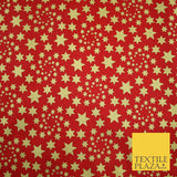RED / GOLD Metallic Stars Festive Printed 100% Cotton Fabric Dress Craft 8239