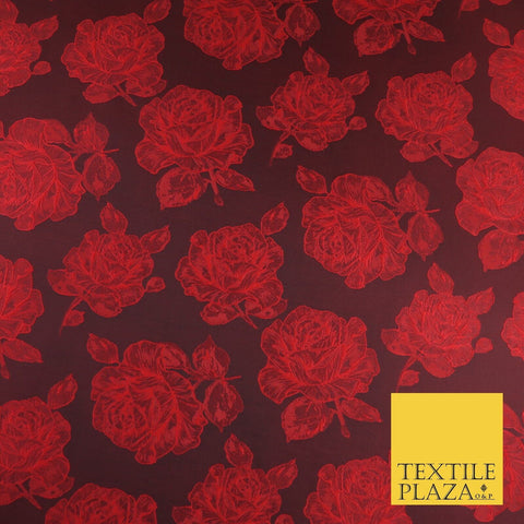 Black Red Floral Roses Falling Bloom Textured Brocade Jacquard Fabric 8533