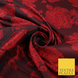 Black Red Floral Roses Falling Bloom Textured Brocade Jacquard Fabric 8533
