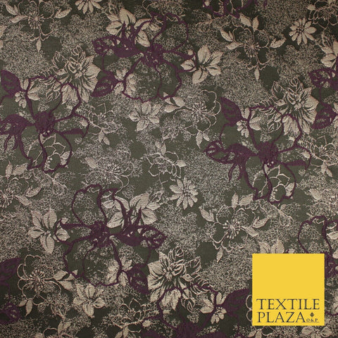 Black Plum Outline Floral Bloom Textured Brocade Jacquard Fabric 8529