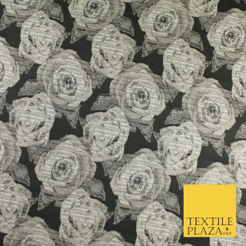 Black Grey Floral Rose Bloom Textured Brocade Jacquard Fabric 8530