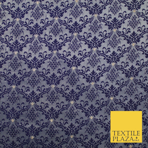 Navy Blue Intricate Damask Textured Brocade Jacquard Waistcoat Dress Fabric 8628