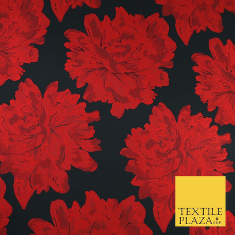 Black Red Large Floral Bloom Brocade Jacquard Dress Fabric 8235