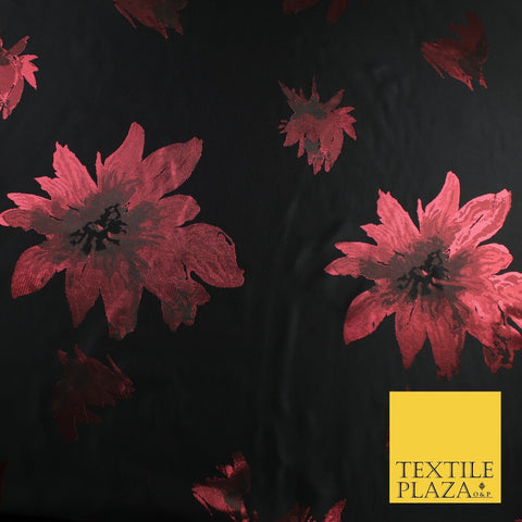 Black Red Falling Floral Textured Metallic Fancy Brocade Jacquard Fabric 8519