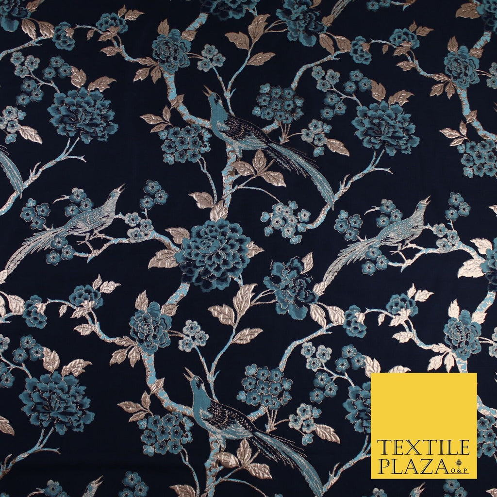 Navy Blue Peacock Turquoise Blue Floral Bloom Brocade Jacquard Fabric 8520