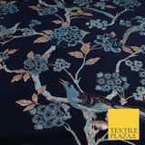 Navy Blue Peacock Turquoise Blue Floral Bloom Brocade Jacquard Fabric 8520