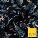 Navy Blue Peacock Turquoise Blue Floral Bloom Brocade Jacquard Fabric 8520