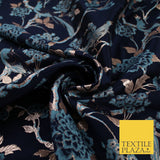 Navy Blue Peacock Turquoise Blue Floral Bloom Brocade Jacquard Fabric 8520