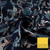 Navy Blue Peacock Turquoise Blue Floral Bloom Brocade Jacquard Fabric 8520