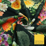 Black Multicolour Floral Cotton Canvas Panama Upholstery Curtain Fabric 8574