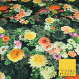 Black Multicolour Floral Cotton Canvas Panama Upholstery Curtain Fabric 8574