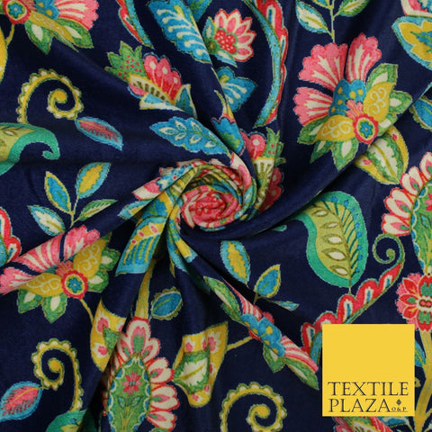Navy Blue Bright Floral Printed Micro Velvet Velour NonStretch Dress Fabric 8813